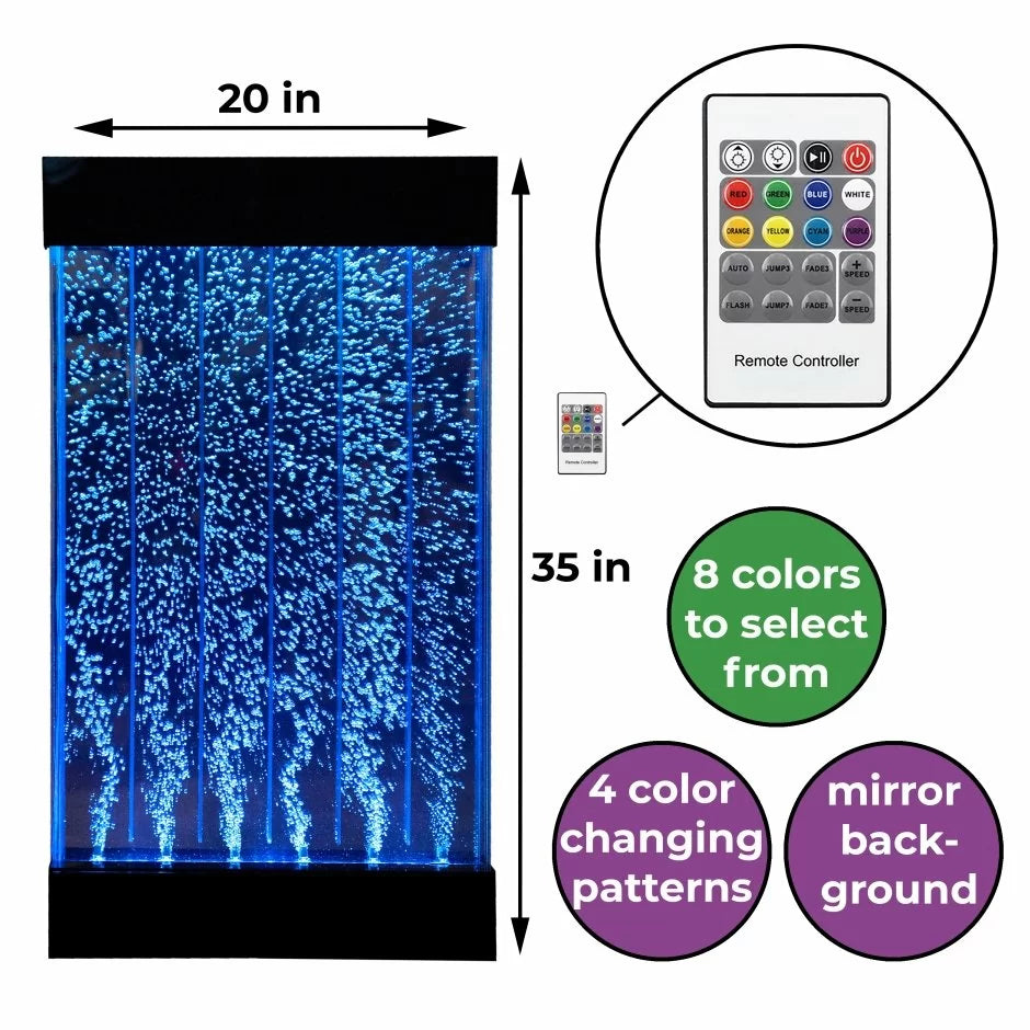 The dimensions of the 3 Ft. Bubble wall demonstrated next to the remote control that is included. The text reads: 8 colors to select from; 4 color changing patterns; mirror back ground.