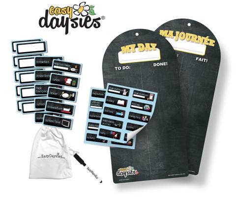 A display of the double sided board, 20 magnets, 50 stickers, dry erase marker, and travel bag.agnets,