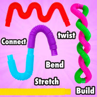 A demonstration of different ways to play with the 6-Pack Sensory Pop Tubes: connect, twist, bent, stretch, build.