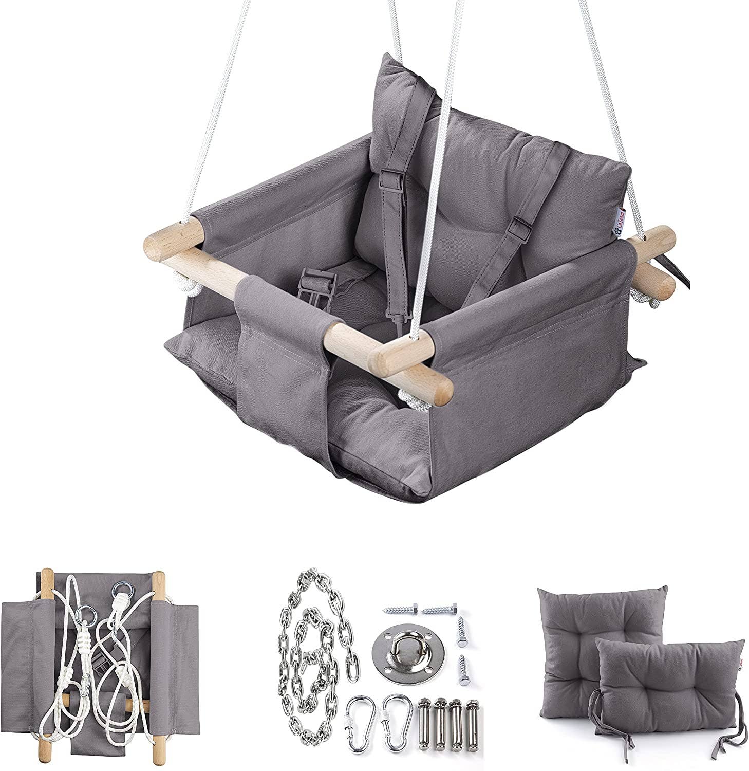 A display of the Canvas Baby Swing with the accompanying pillows and hanging hardware.