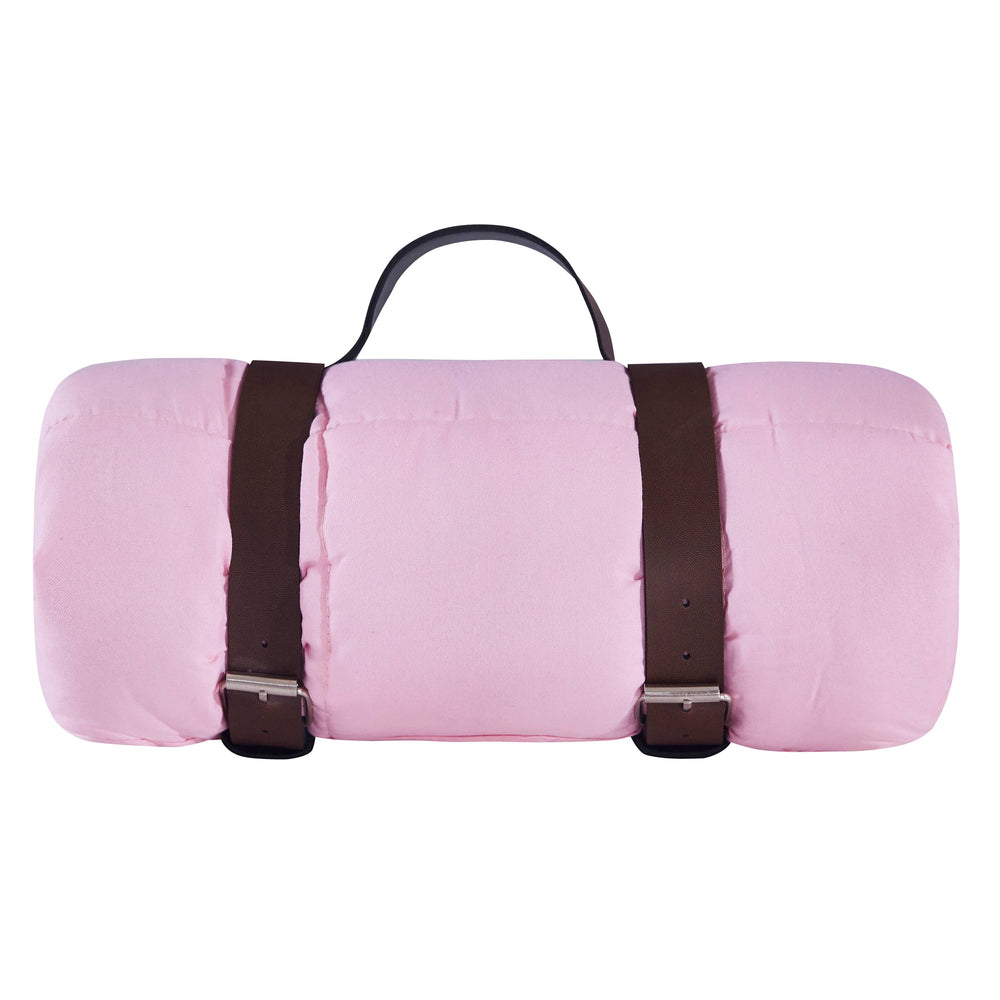 Rolled up Pink weighted blanket with carry handle
