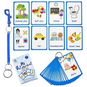 A display of 8 flashcards that have illustrations and descriptive words such as, "Outside play," "Soft play," "Toilet," "Snack time." There is a bungee chord and a whole deck of flashcards bound with a ring.