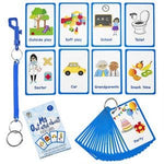 A display of 8 flashcards that have illustrations and descriptive words such as, "Outside play," "Soft play," "Toilet," "Snack time." There is a bungee chord and a whole deck of flashcards bound with a ring.