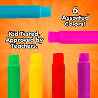 A display of the six colors in the 6-Pack Sensory Pop Tube with text that reads: Kid Tested, Approved by Teachers.