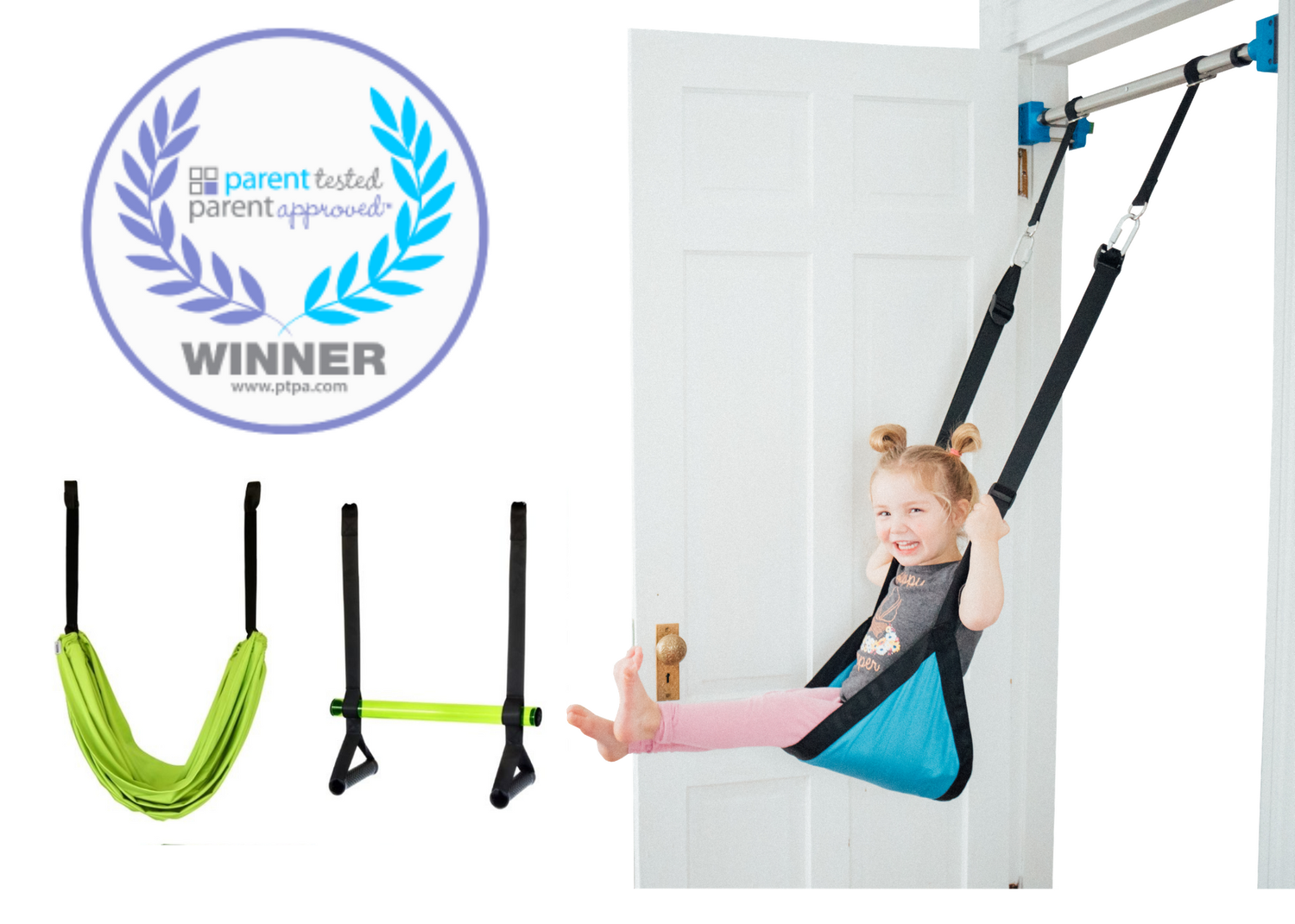 A display of the swing, monkey bar, and hammock. A child with light skin tone and blonde space buns is swinging in the swing connected to a doorframe.