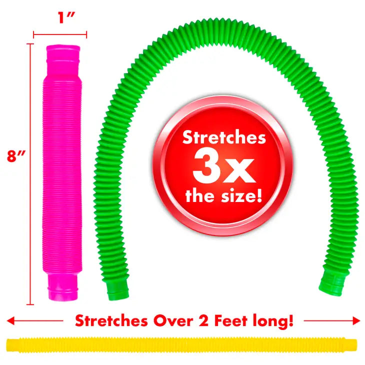 A display of the dimensions of the pop tubes in the 6-Pack Sensory Pop Tubes (8"x1"). There is also a demonstration of how big the pop tubes get as they stretch over 3x their normal size to over 2 feet long.