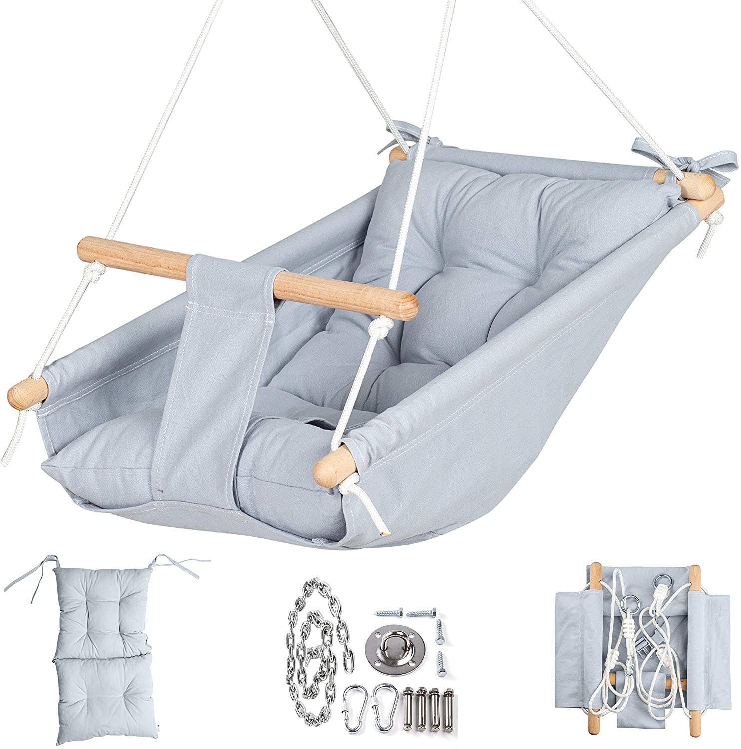 A display of the Canvas Baby Hammock Swing, the pillow, and the hanging hardware.