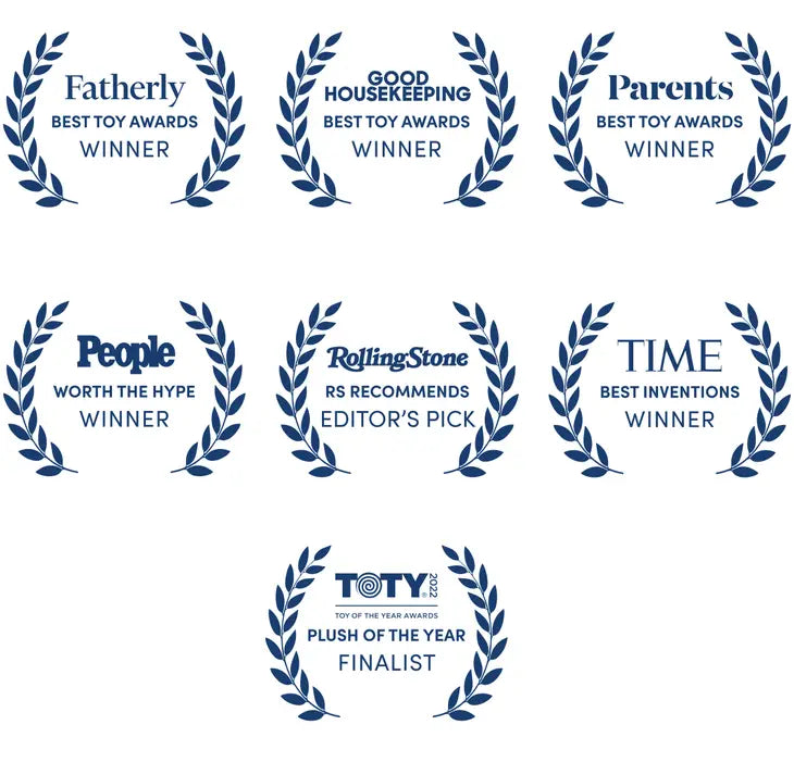 A display of the Awards Hugimals Weighted Stuffed Animals have won, incluiding: Fatherly Best Toy Awards Winner, Good Housekeeping Best Toy Awards Winner, Parents Best Toy Awards Winner, People Worth the Hype Winner, Rolling Stone Recommends Editor's Pick, Time Best Inventions Winner, and the 2022 Toy of the Year Awards Plush of the Year Finalist.