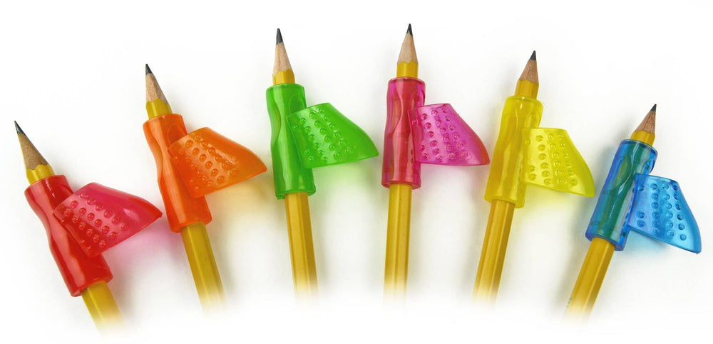 A row of #2 pencils that have a rainbow variety of Pointer Pencil Grips near the lead.