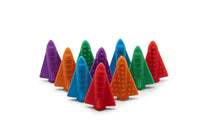 Several variants of the Pencil Topper in a triangle design, displaying both the front of the Pencil Topper, which looks like a rocket ship, and the underside, which has textured nubbs.