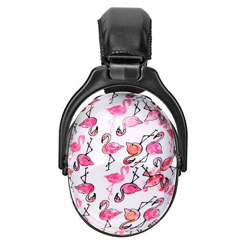 A pair of noise reducing earmuffs that have pink flamingo illustrations.