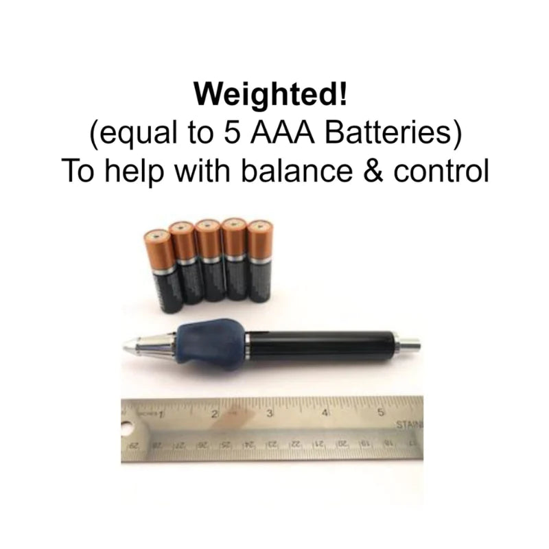 The Heavyweight Ball Pen sits next to five AAA batteries and the text reads: Weighted! (equal to 5 AAA batteries) to help with balance and control.