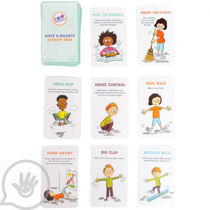 A deck of cards, 8 of which show various illustrations of different children doing activities like "Pop the Bubbles," "Sweep the Floor," and "Noodle Walk"