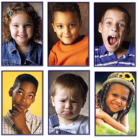Six emotional cards with children making different faces.