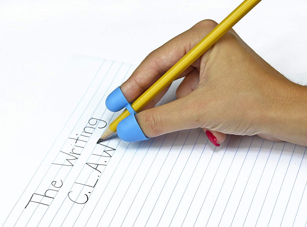 A hand with medium light skin tone and red nail polish uses a blue CLAW Pencil Grip over a pencil. They are spelling "The Writing CLAW" on a lined piece of paper.