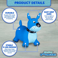 A display of product details about the blue dog Waddle Bouncer.