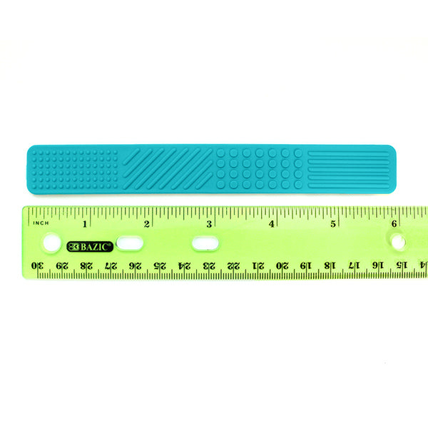 The teal Flat Textured Spoon next to a ruler, measuring 6" long.
