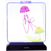 A display of one pink and one yellow jellyfish floating in the lamp's tank.