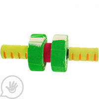 A foam roller with green wheels and yellow handles.