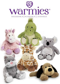 A dispaly of Five of the Warmies Plush Animals.