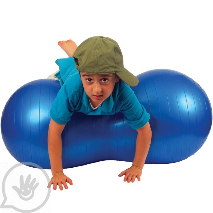A child with medium skin tone wearing a sideways green hat lies on their belly on top of a blue Peanut Ball.