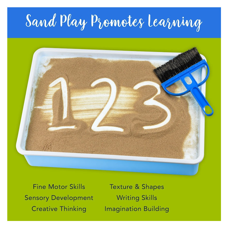 A sand table with numbers 1-3 written into it. The image says "Sand Play Promotes Learning."