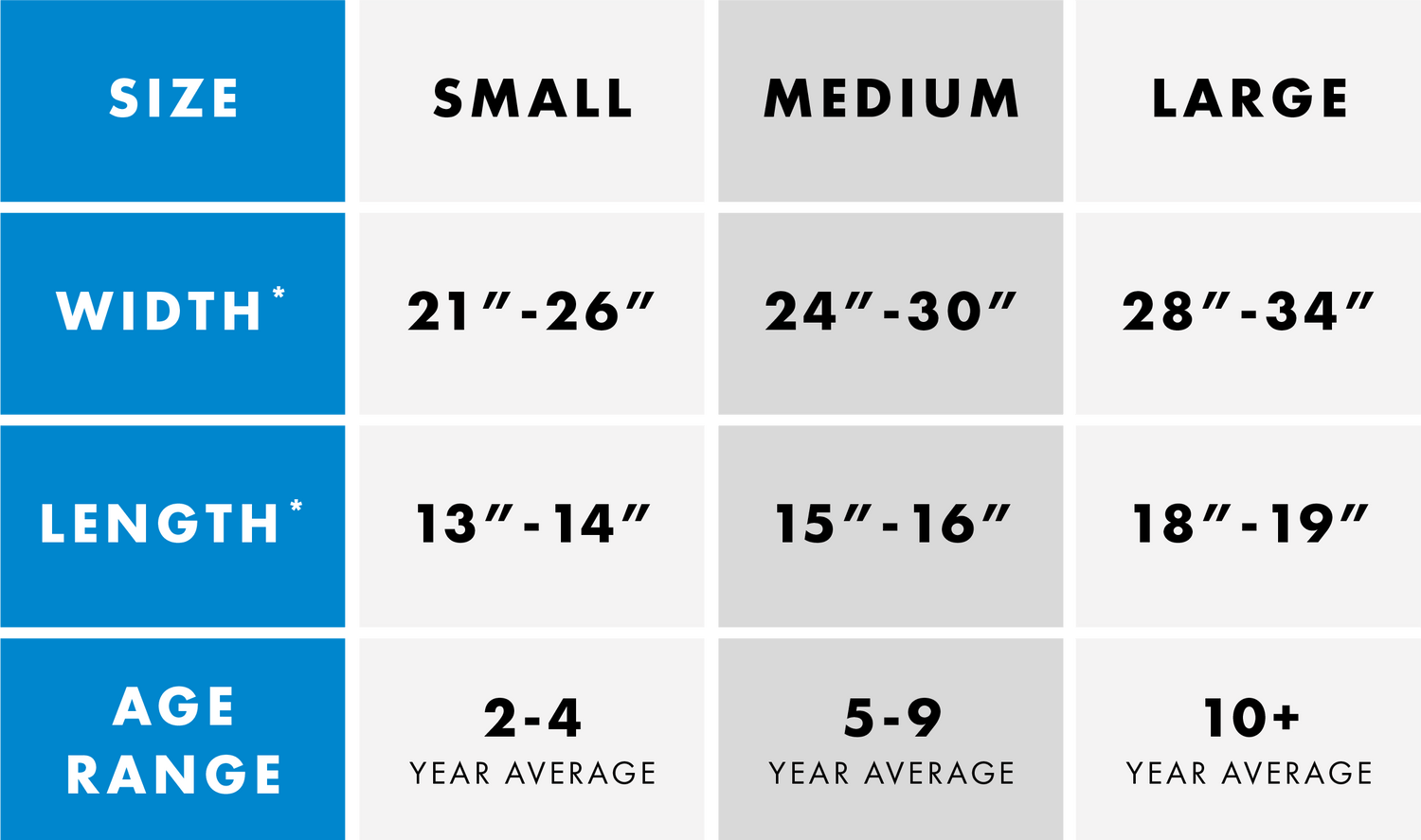 A size chart fot the Weighted Compression Vest.