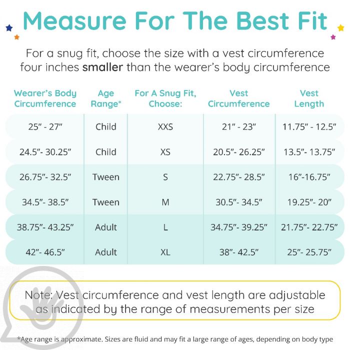 A graph showing the sizing for the Weighted Compression Vest with Motorcycle Graphic.