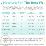 A graph showing the sizing for the Weighted Compression Vest with Motorcycle Graphic.