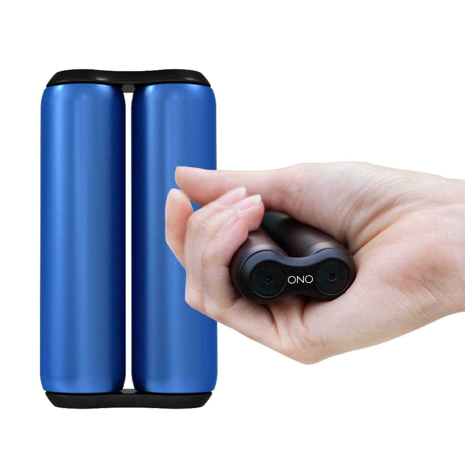 Front view of the sapphire Ono Roller and a hand holding a set.