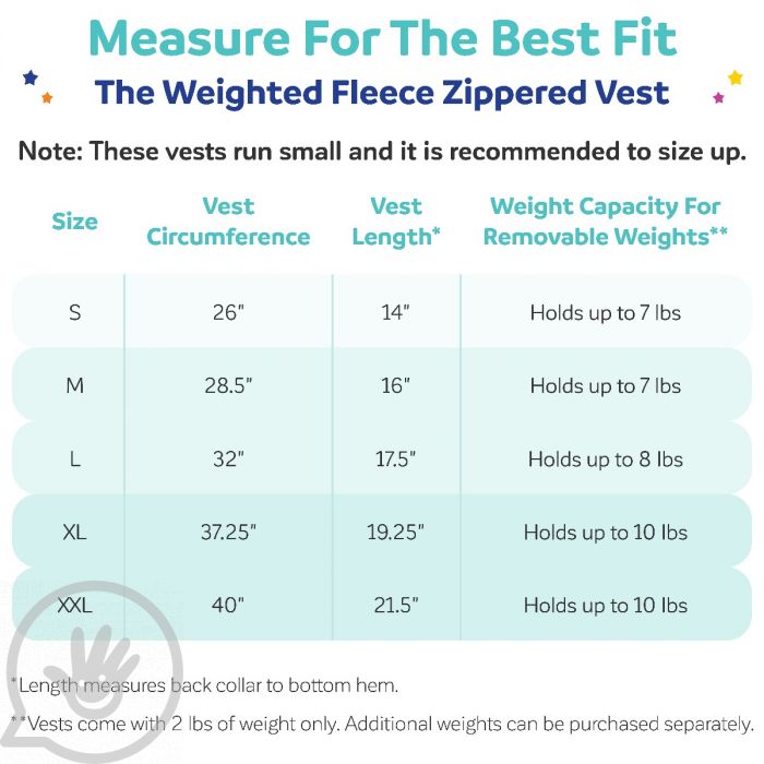 The measuring chart for the Weighted Fleece Vest.