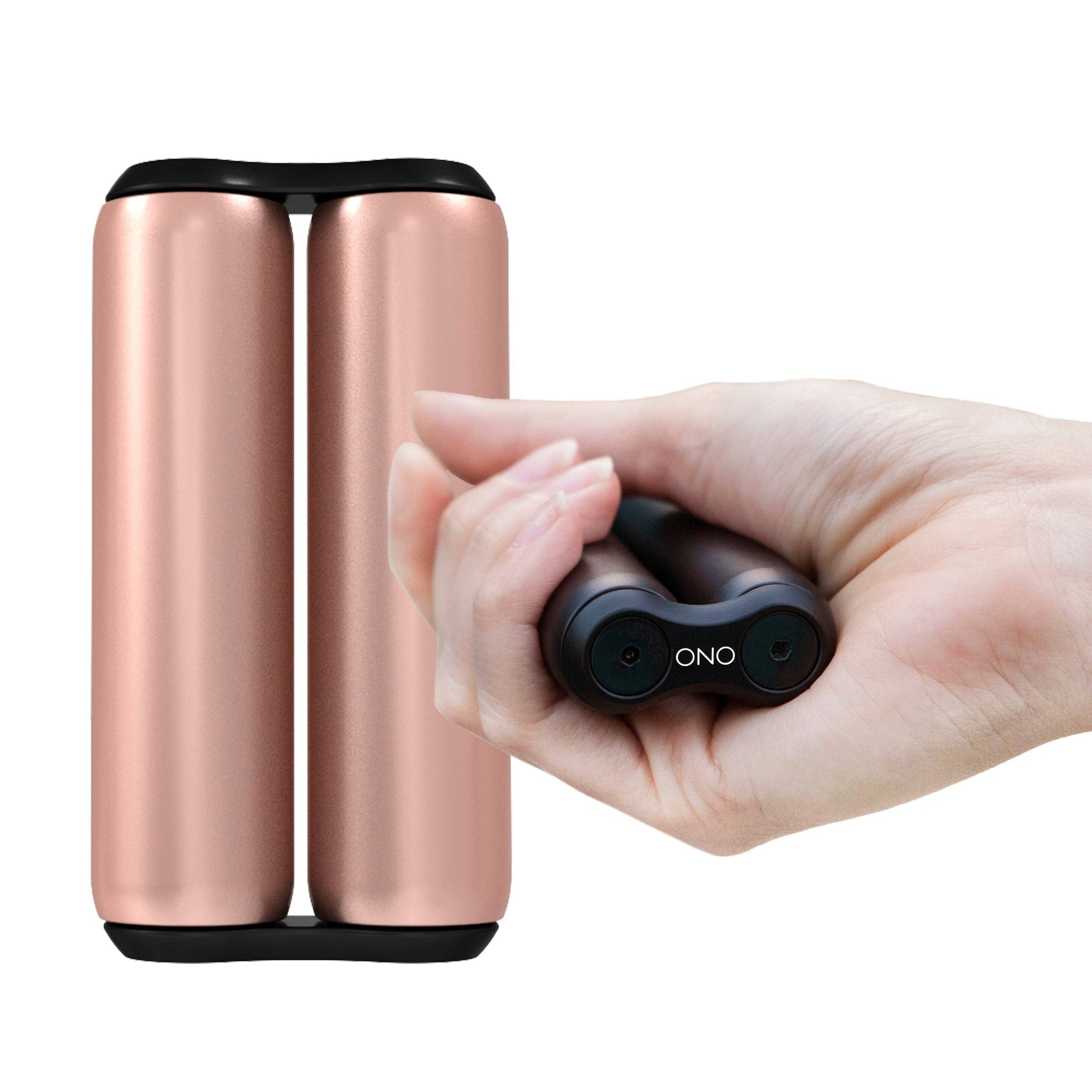 Front view of the rose gold Ono Roller and a hand holding a set.