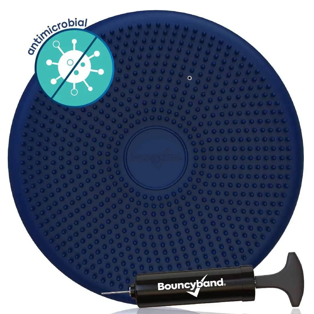 The Antimicrobial Navy Circle Wiggle Seat Cushion by Bouncyband.