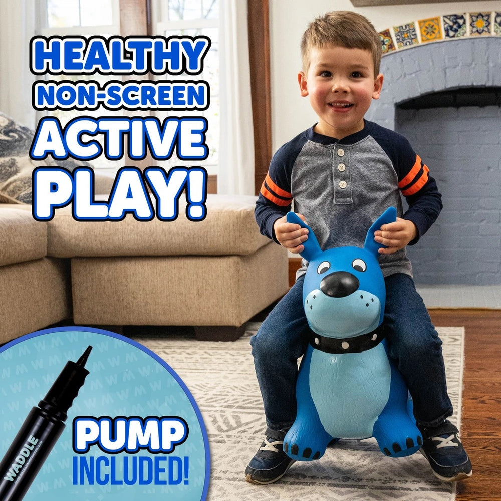 A child with light skin tone and short brown hair sits on the blue dog Waddle Bouncer. The text says: health, non-screen active play!