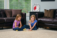 Two children with light skin tone and long blonde hair sit on a carpet between two couches. They are playing an unidentifiable game on the floor. The Time Timer is behind them on a shelf.
