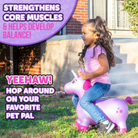 A child with medium light skin tone and long wavy brown hair rides the purple unicorn Waddle Bouncer. The text reads some of the benefits.