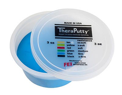 A tub of the blue TheraPutty Exercise Putty.