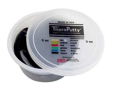 A tub of the black TheraPutty Exercise Putty.