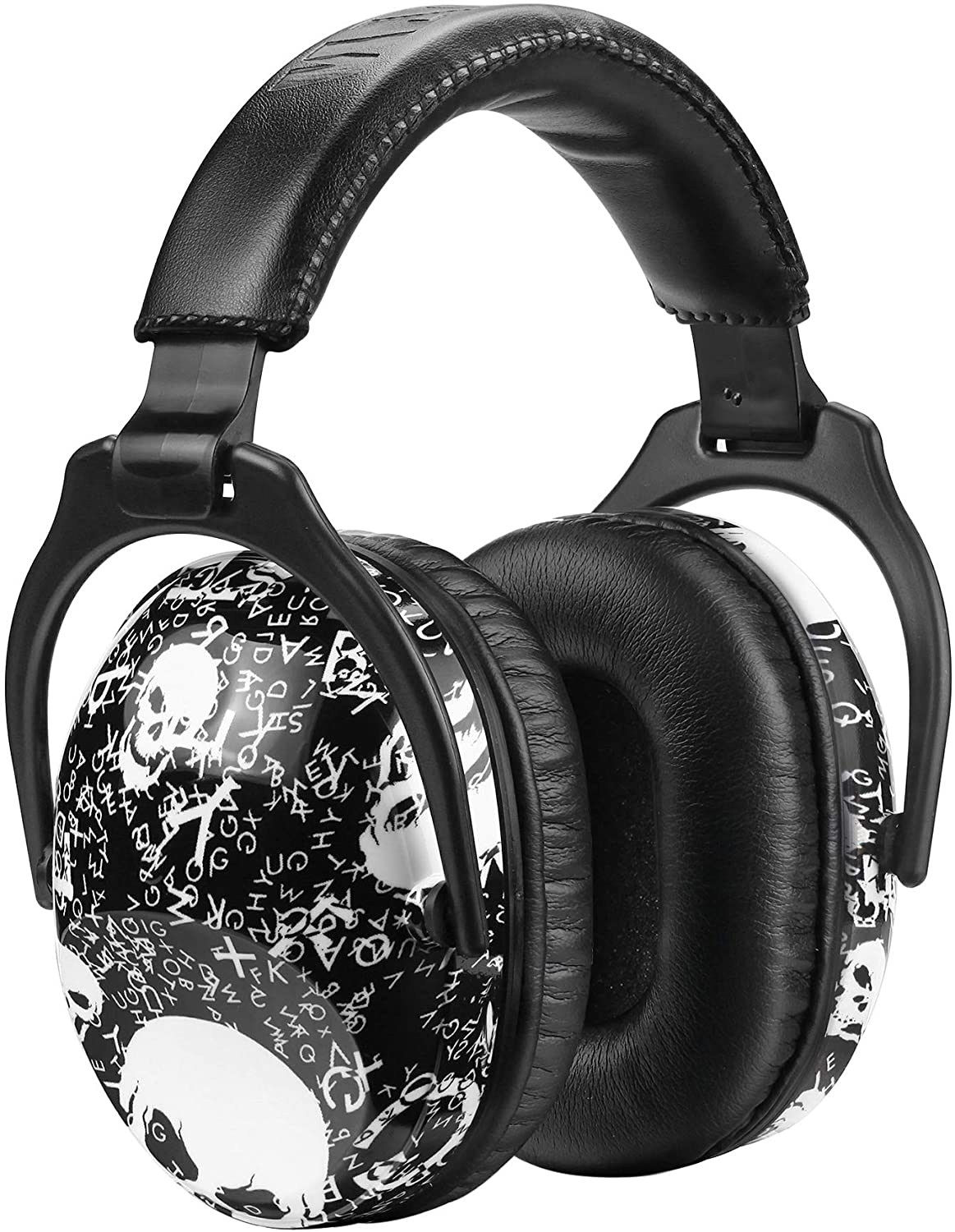 A pair off noise reducing earmuffs that have a black background, scribbly text, and white skulls.
