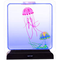 A display of one pink and one blue jellyfish floating in the lamp's tank.