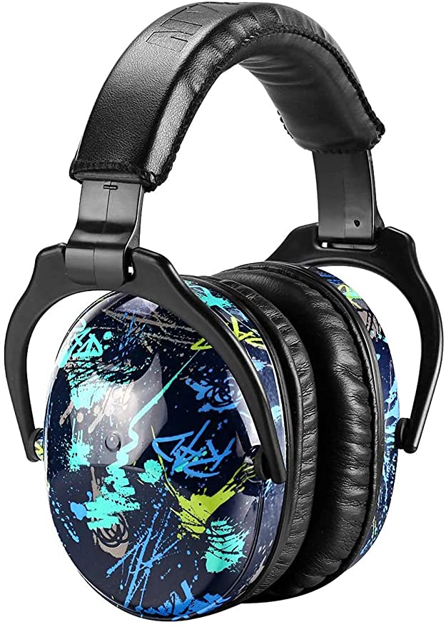 A pair of noise reducing earmuffs that have a blue graffiti design.