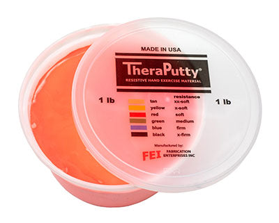A tub of red TheraPutty Exercise Putty.