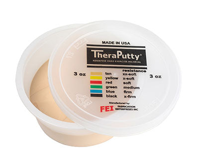 A tub of the tan TheraPutty Exercise Putty.