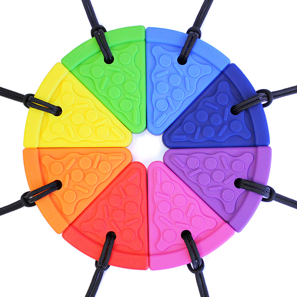 A full rainbow pizza including every color of the Pizza Chew necklace.