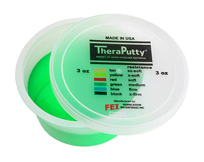 A tub of green TheraPutty Exercise Putty.
