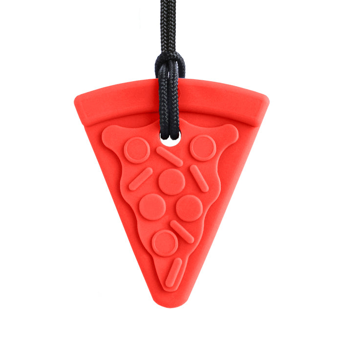 A red Pizza Chew necklace.