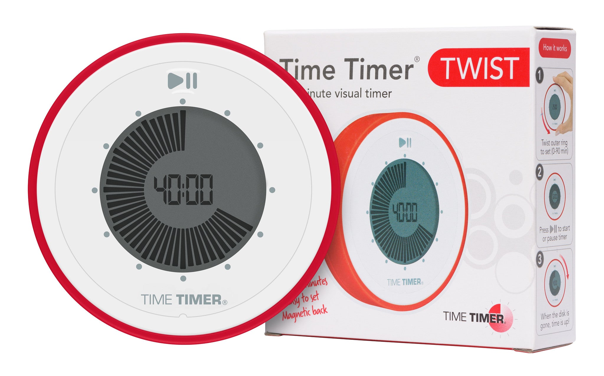 The front of Time Timer's Twist set to 40 minutes next to the product box.