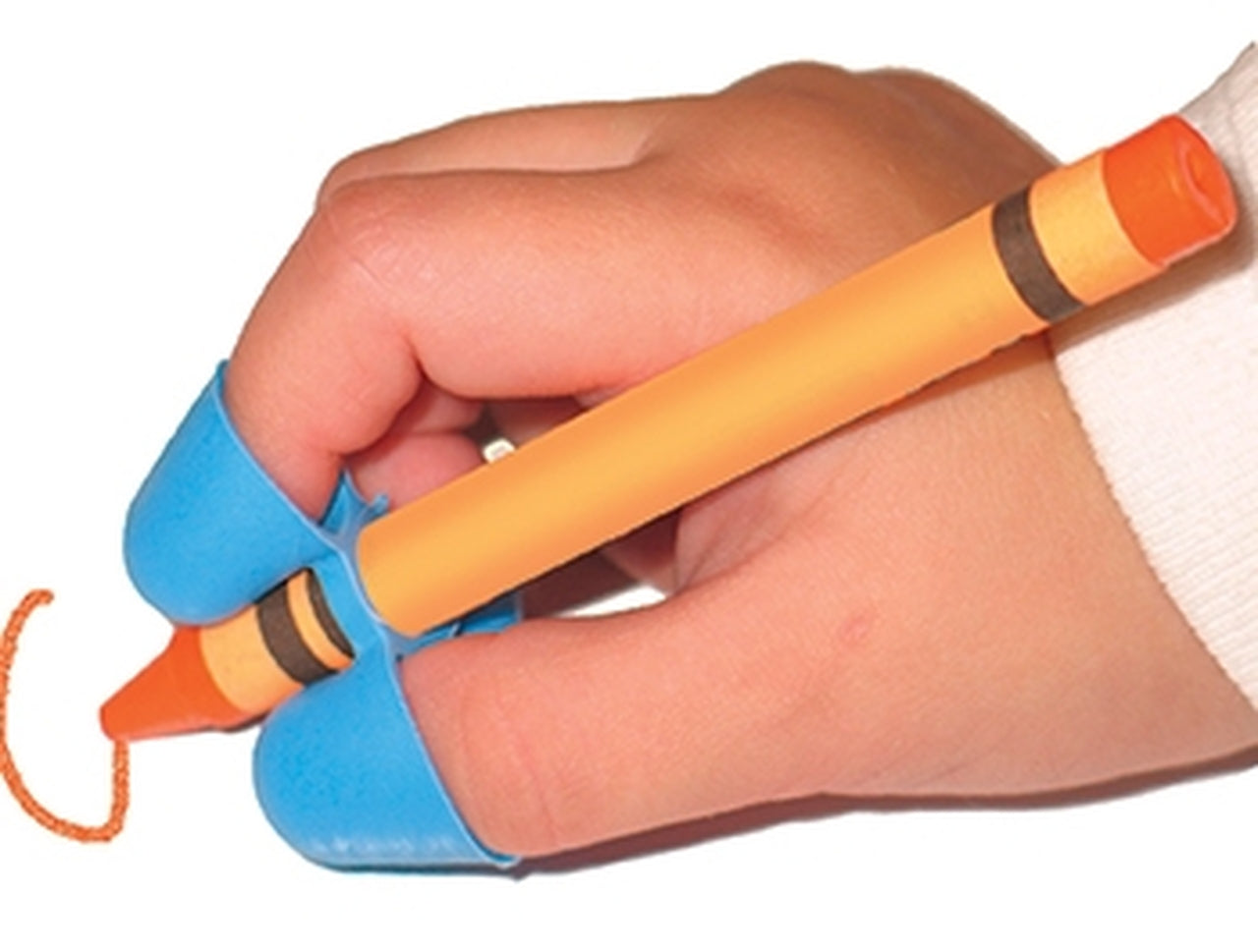 A small hand with light skine tone uses a blue CLAW Pencil Grip placed over a crayon.