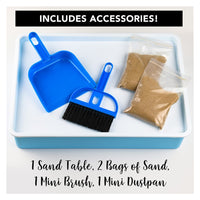 An image of the accessories that come with the sand table: a mini broom and dustpan and two bags of sand.