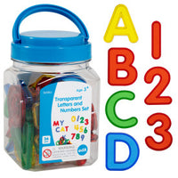 A display of the product package for Transparent Letters and Numbers and several of the individual pieces.